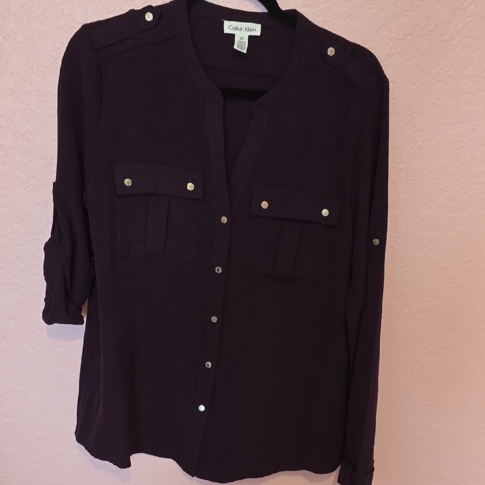Calvin Klein Black Blouse with 3/4 Sleeves and Mandarin Collar